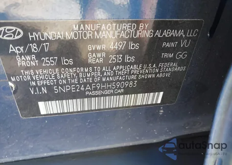 2017 Hyundai Sonata Se from USA, damaged, VIN 5NPE24AF9HH590983